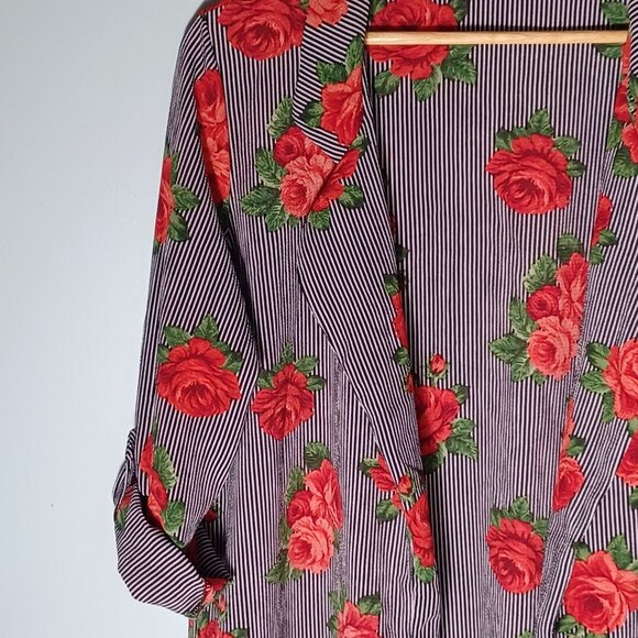 Poof! Open Front Top Womens Large Roses Striped Made in USA Feminine - Picture 4 of 9